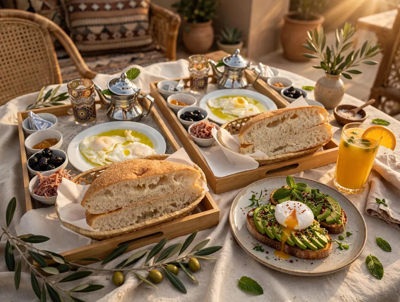 Bandejas de desayuno marroquí con pan, huevos, aceitunas y té