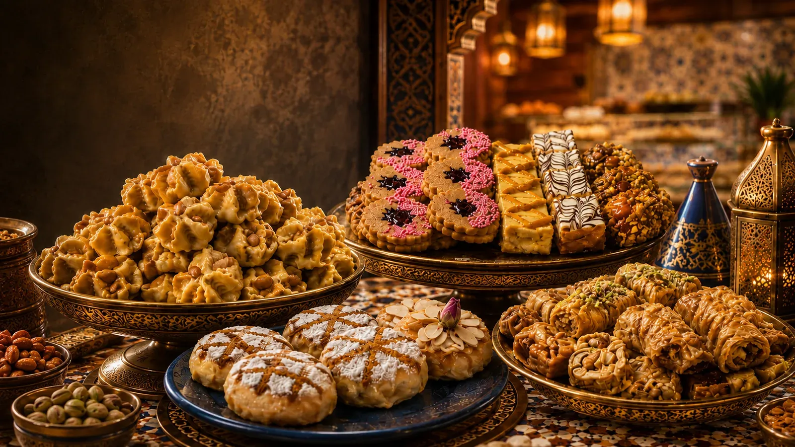 Bandejas con dulces marroquíes de almendra, miel y frutos secos
