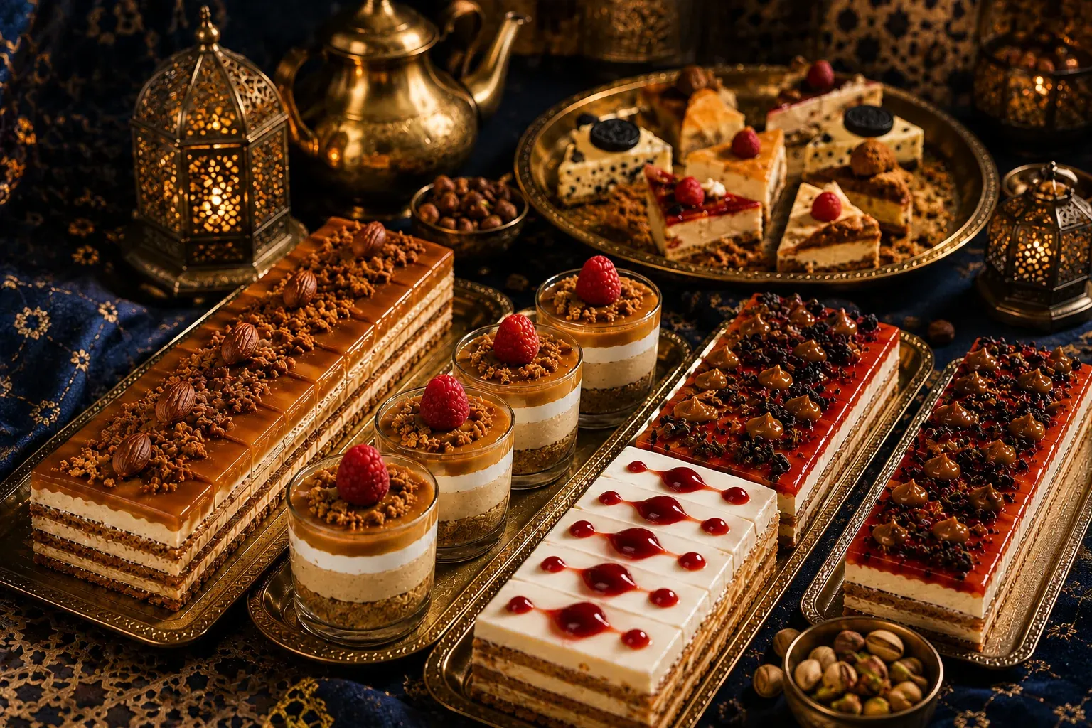 Surtido de tartas y dulces artesanales de Pastelería Tanger sobre bandejas doradas