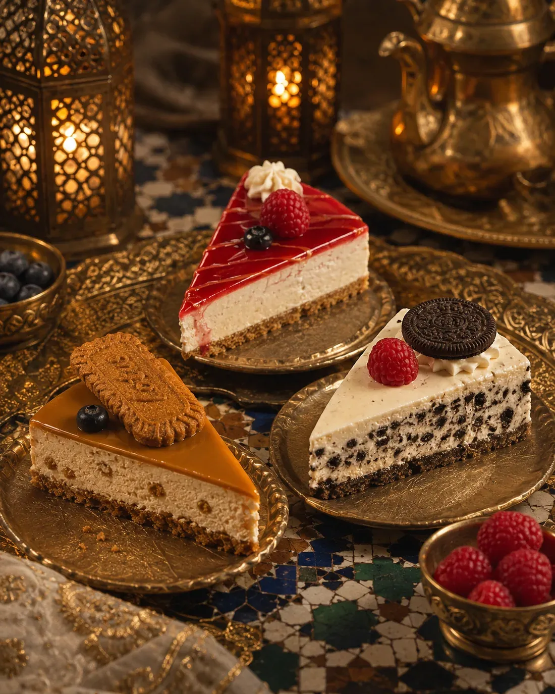Porciones de tarta de queso en tres variedades