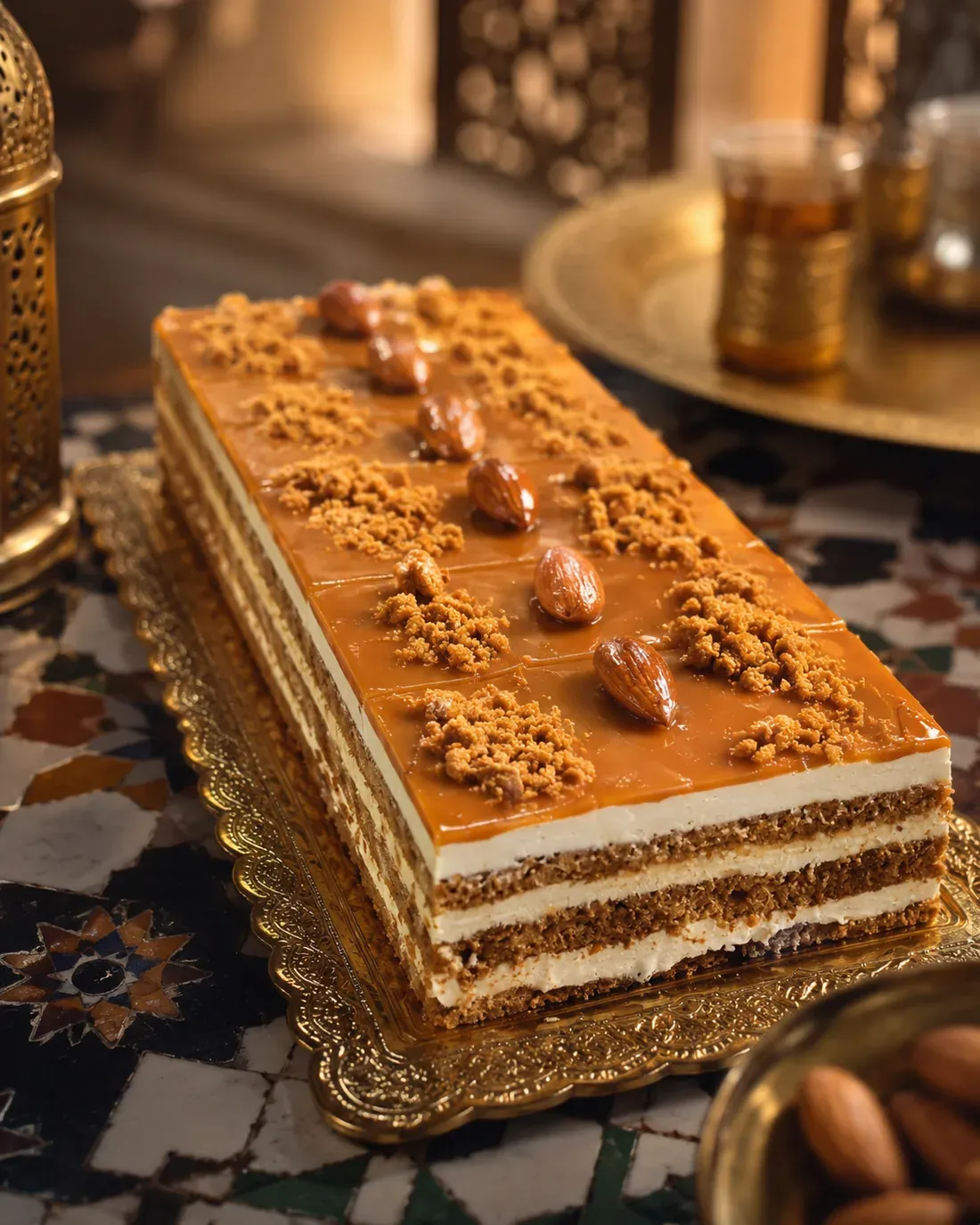 Tarta artesanal de caramelo con almendras